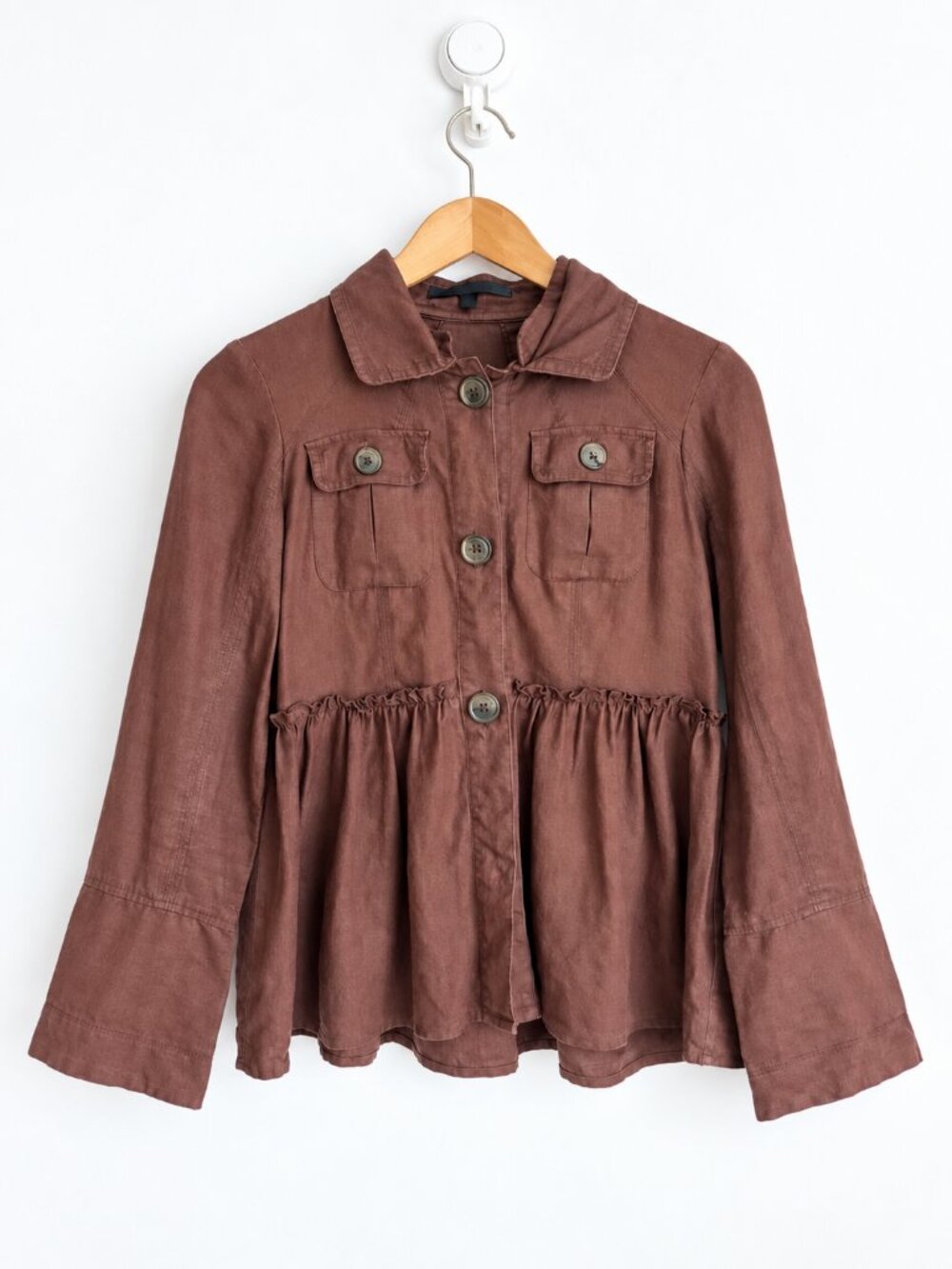 Coupé Collection Brown Linen Ruffle Peplum Jacket Coastal Grandma 6